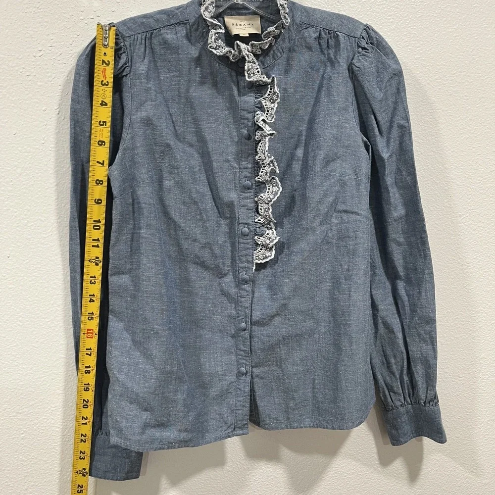 Sézane Chlo Blue Chambray Denim Lace Eyelet Embroidered‎ Shirt Size EU 34